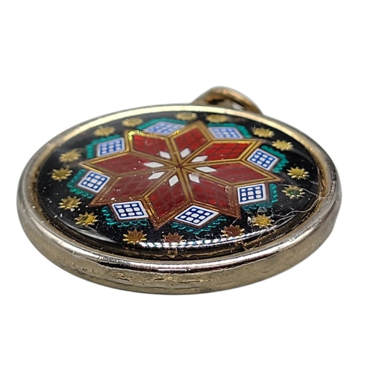 Vintage Cloisonne Enamel Star Pendant Reversible Starburst Medallion Pendant