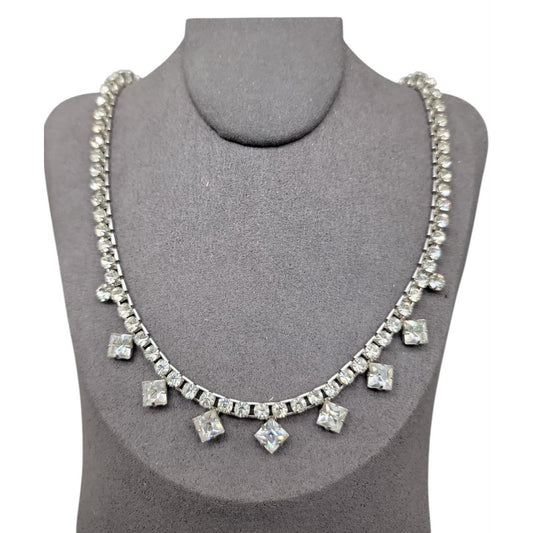 Princess Diamante Studded Necklace Vintage 17" Rhinestone Chain Silver Tone
