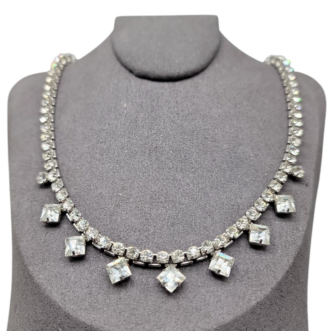 Princess Diamante Studded Necklace Vintage 17" Rhinestone Chain Silver Tone