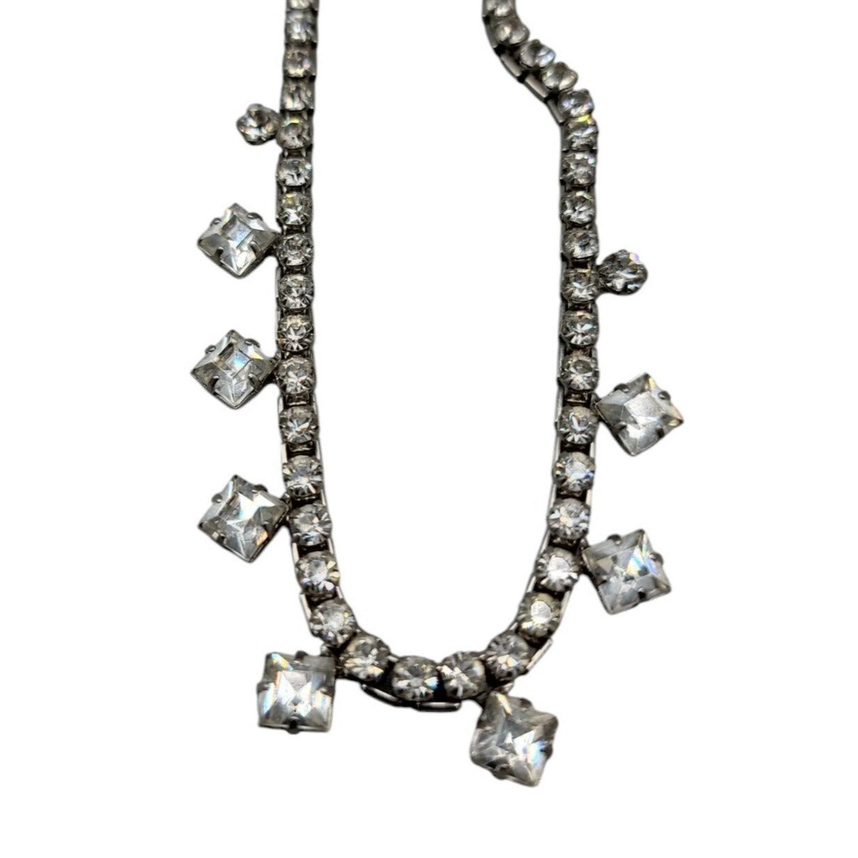 Princess Diamante Studded Necklace Vintage 17" Rhinestone Chain Silver Tone