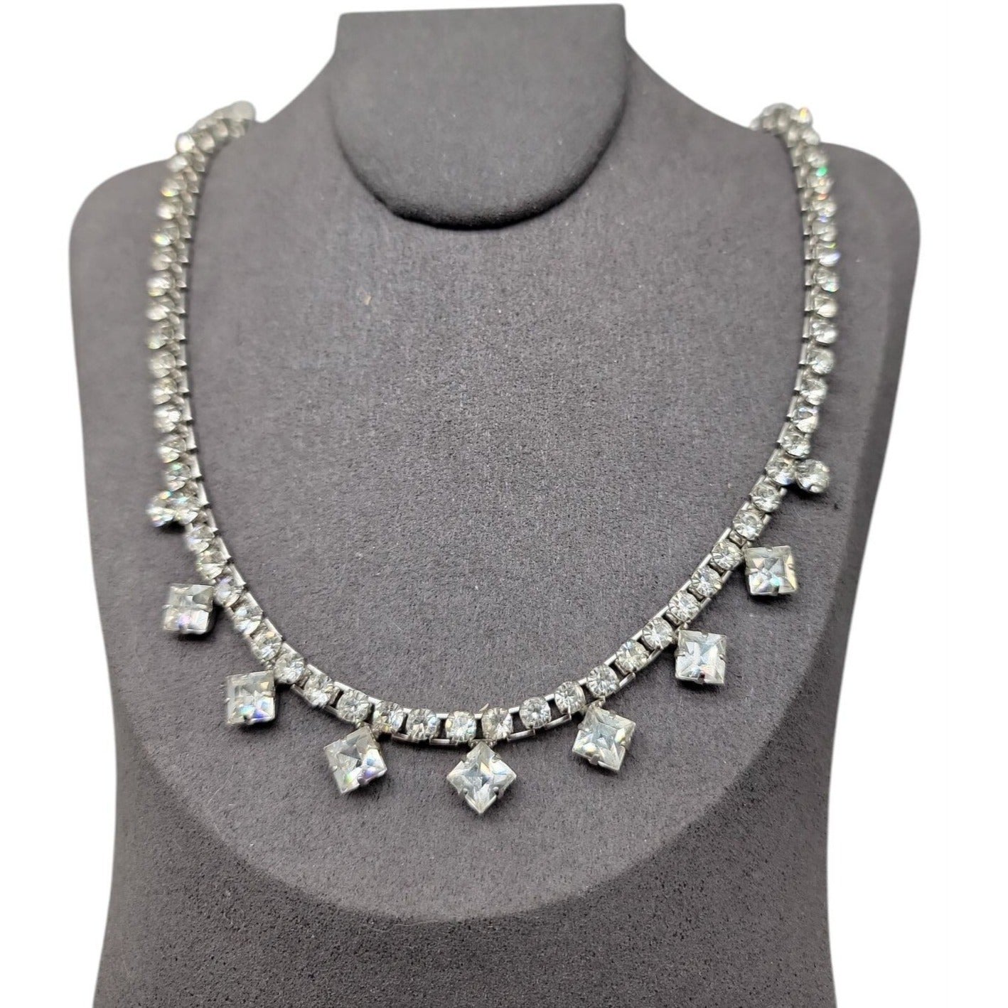 Princess Diamante Studded Necklace Vintage 17" Rhinestone Chain Silver Tone