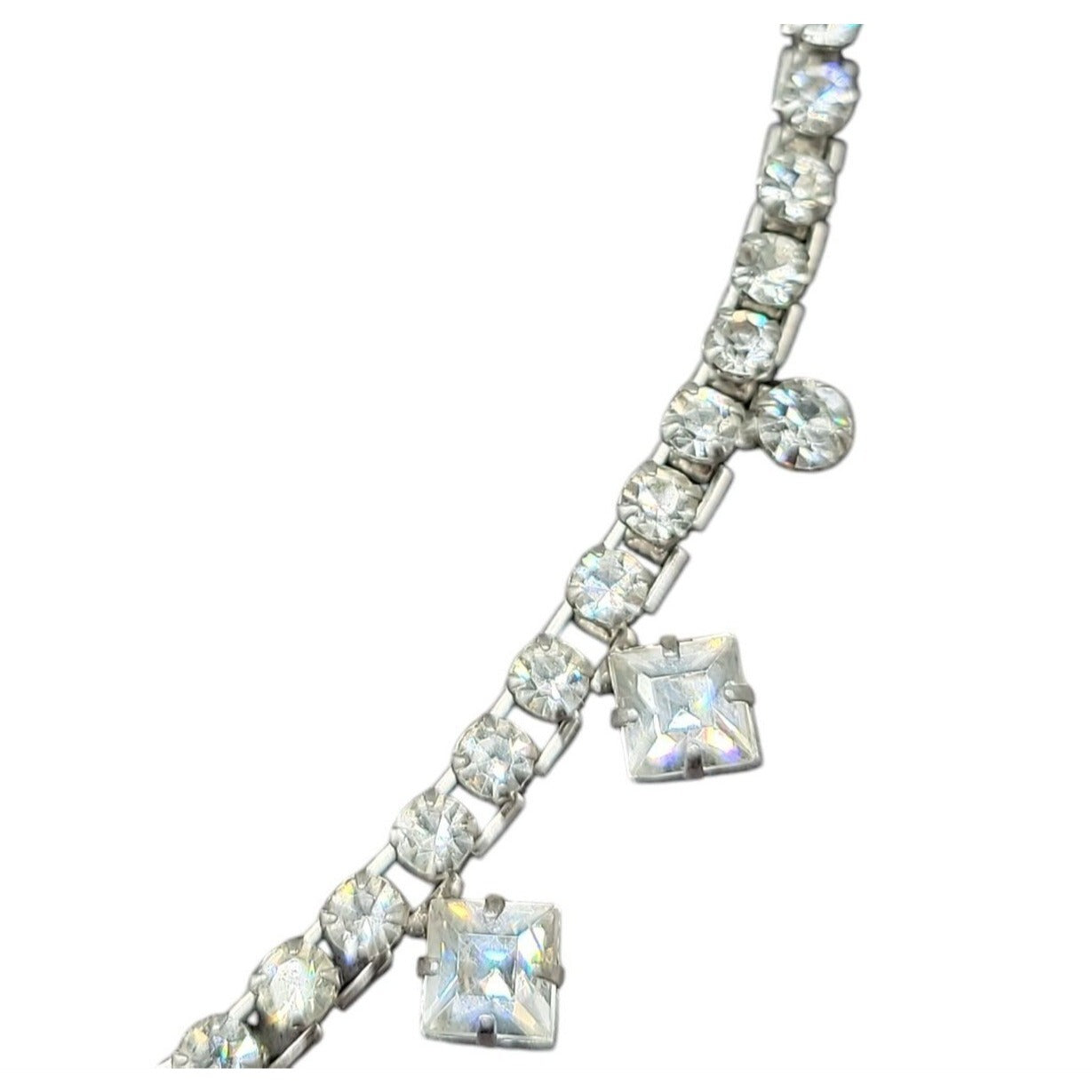 Princess Diamante Studded Necklace Vintage 17" Rhinestone Chain Silver Tone