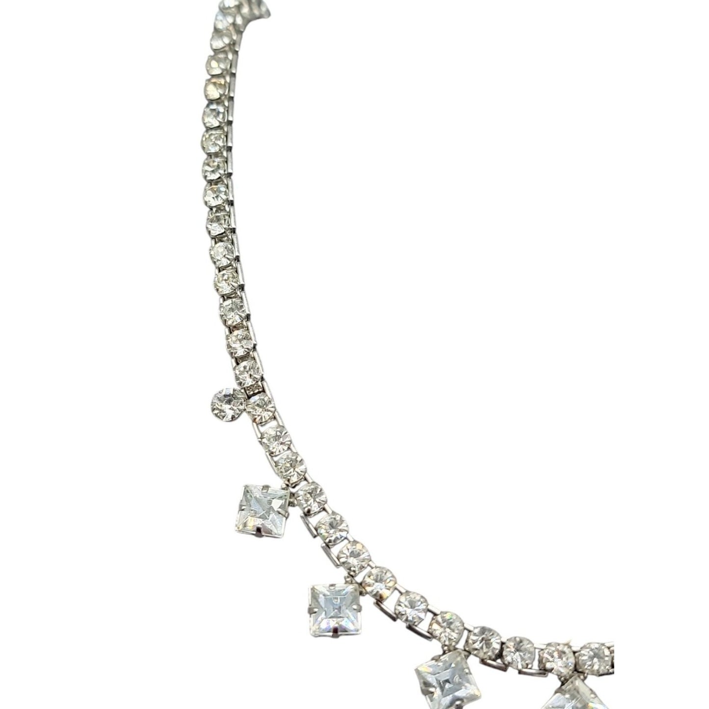 Princess Diamante Studded Necklace Vintage 17" Rhinestone Chain Silver Tone