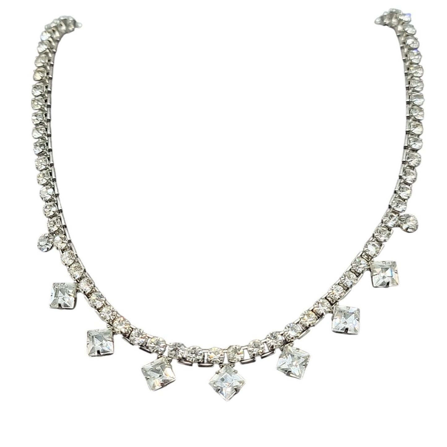 Princess Diamante Studded Necklace Vintage 17" Rhinestone Chain Silver Tone