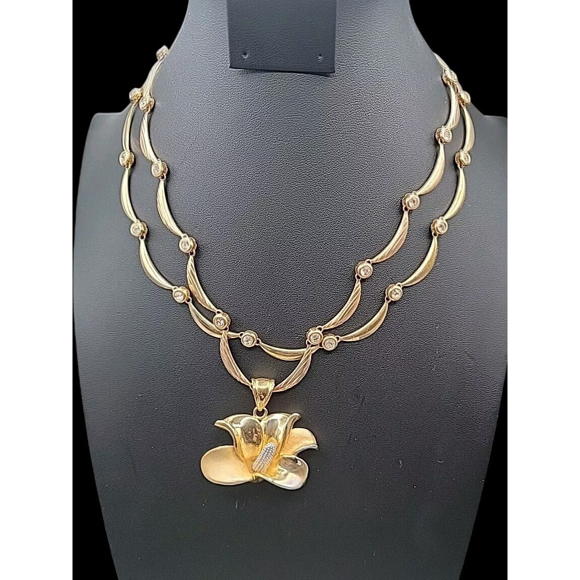Calla Lilly Pendant Necklace OB SIGNED Gold Plated Rhinestones Two 19" Chains