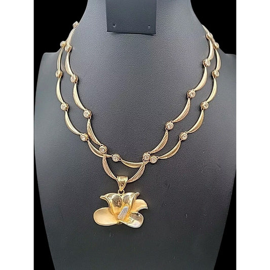 Calla Lilly Pendant Necklace OB SIGNED Gold Plated Rhinestones Two 19" Chains