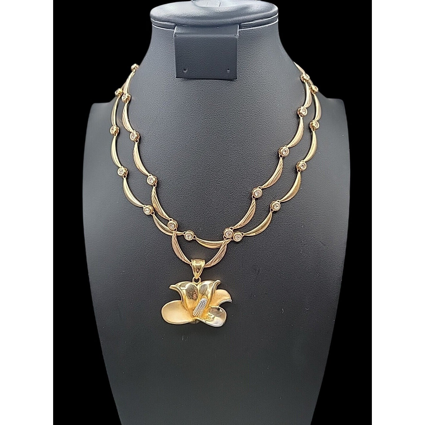 Calla Lilly Pendant Necklace OB SIGNED Gold Plated Rhinestones Two 19" Chains