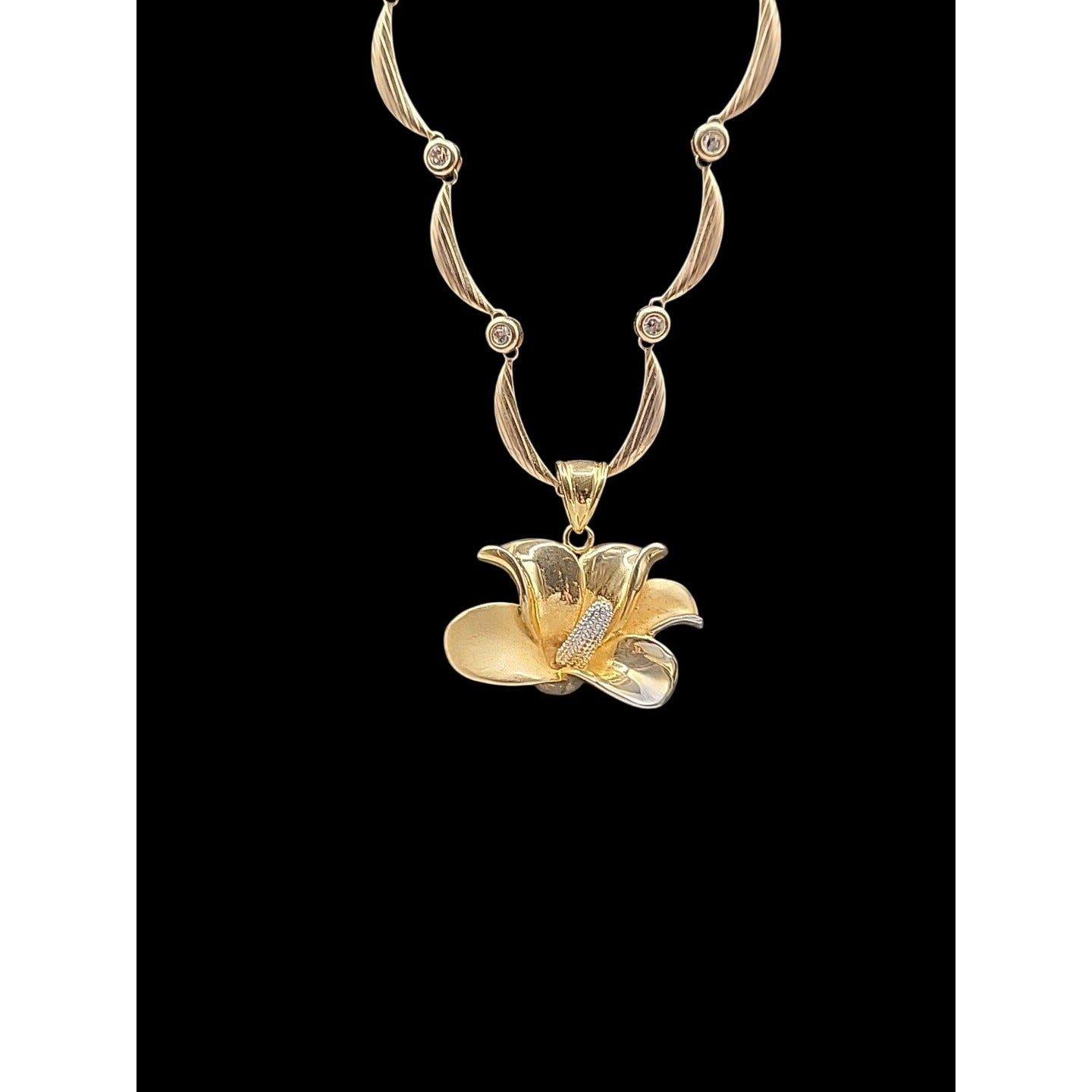 Calla Lilly Pendant Necklace OB SIGNED Gold Plated Rhinestones Two 19" Chains