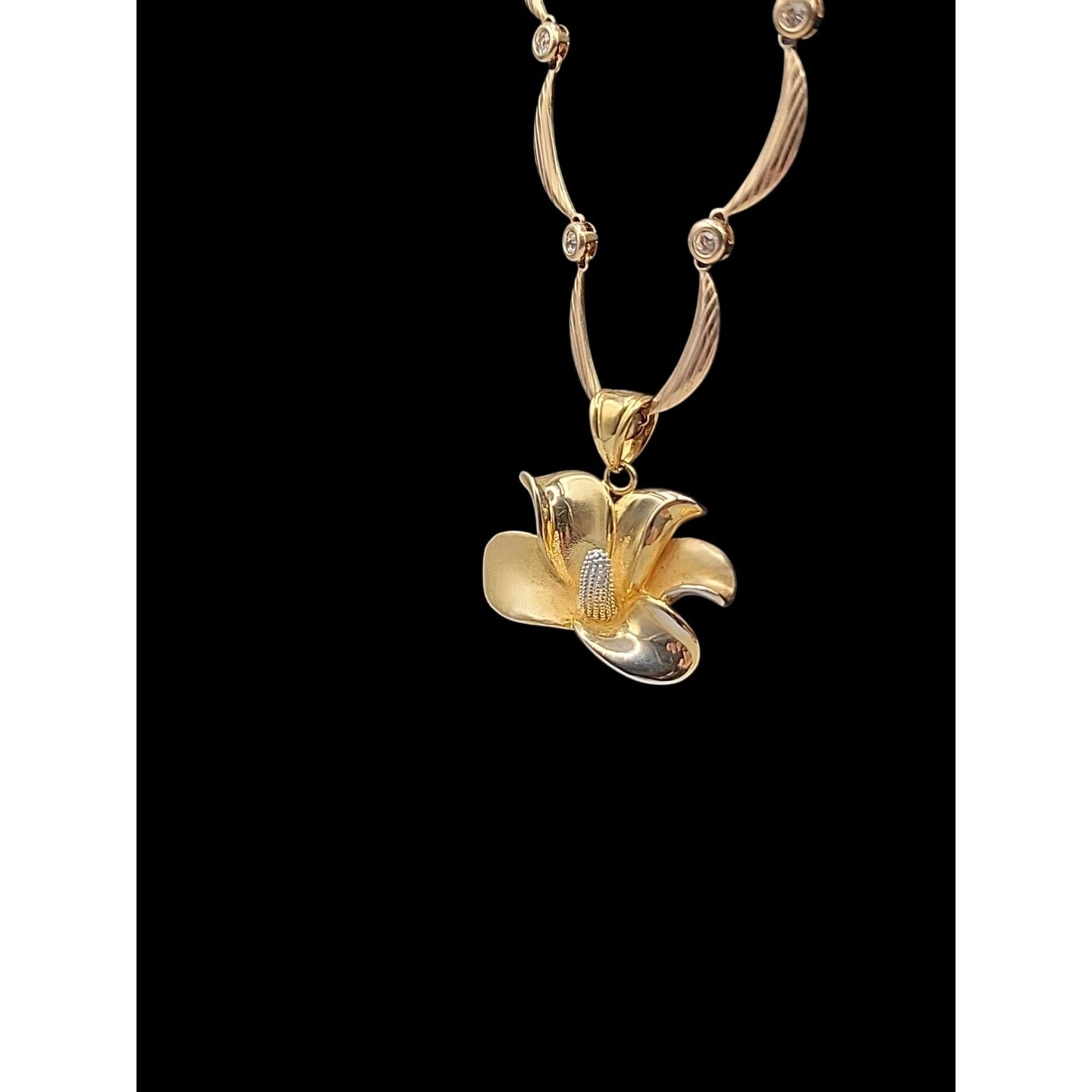 Calla Lilly Pendant Necklace OB SIGNED Gold Plated Rhinestones Two 19" Chains