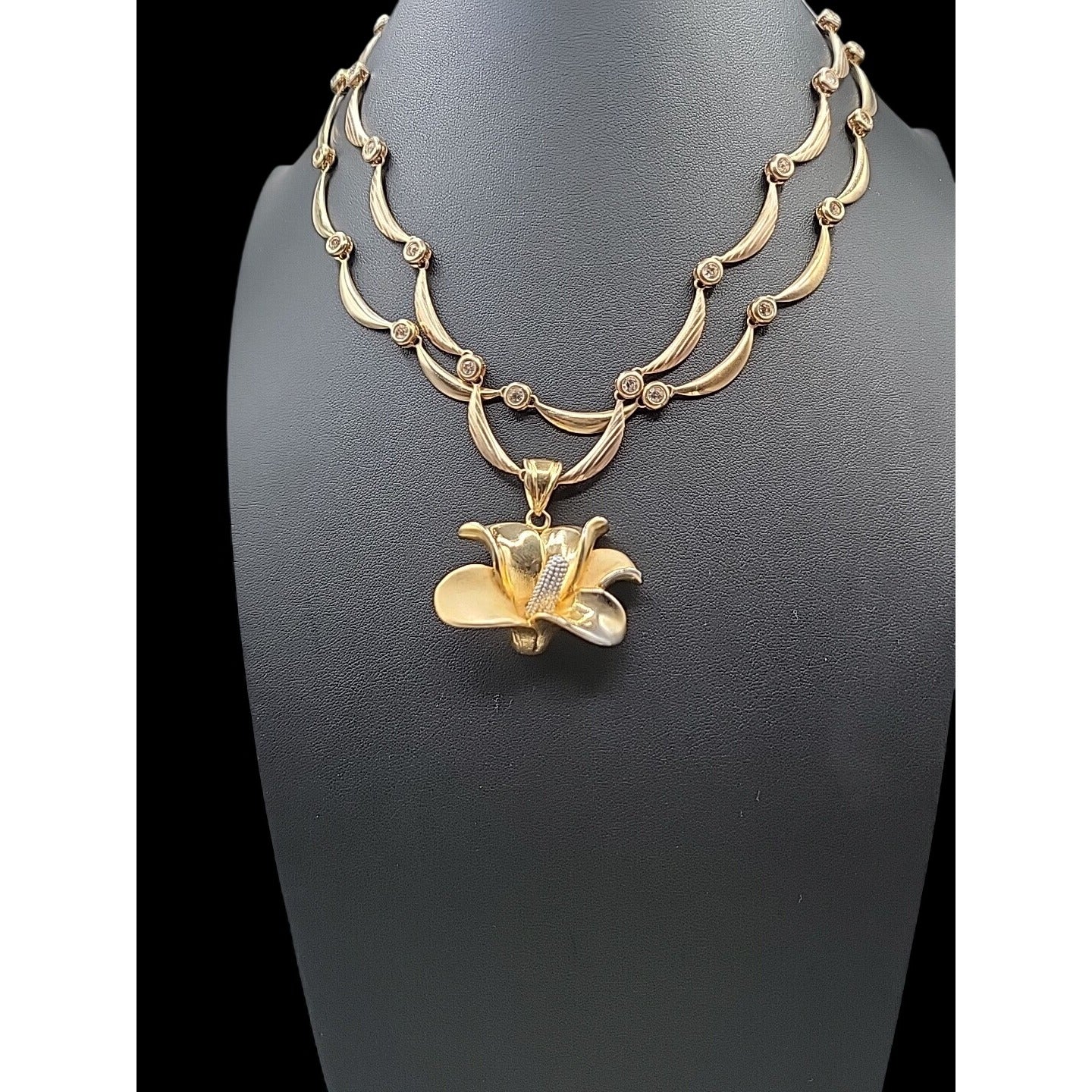 Calla Lilly Pendant Necklace OB SIGNED Gold Plated Rhinestones Two 19" Chains