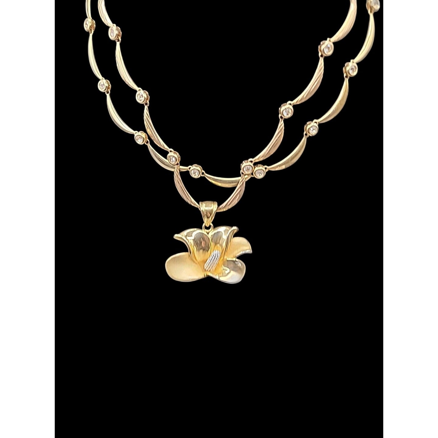Calla Lilly Pendant Necklace OB SIGNED Gold Plated Rhinestones Two 19" Chains