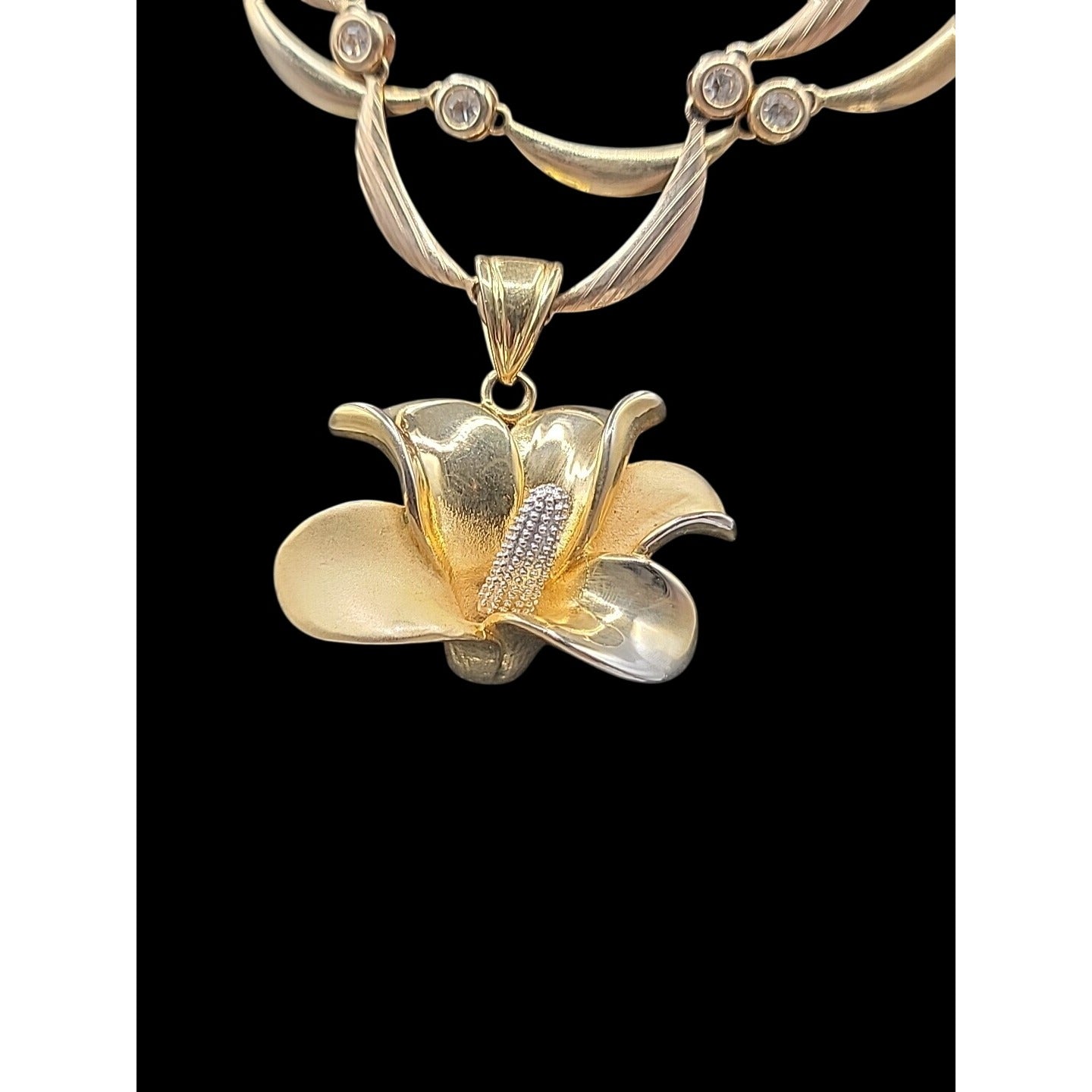 Calla Lilly Pendant Necklace OB SIGNED Gold Plated Rhinestones Two 19" Chains