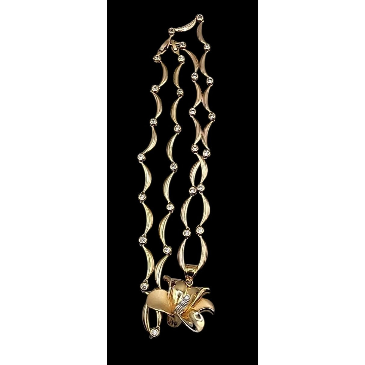 Calla Lilly Pendant Necklace OB SIGNED Gold Plated Rhinestones Two 19" Chains