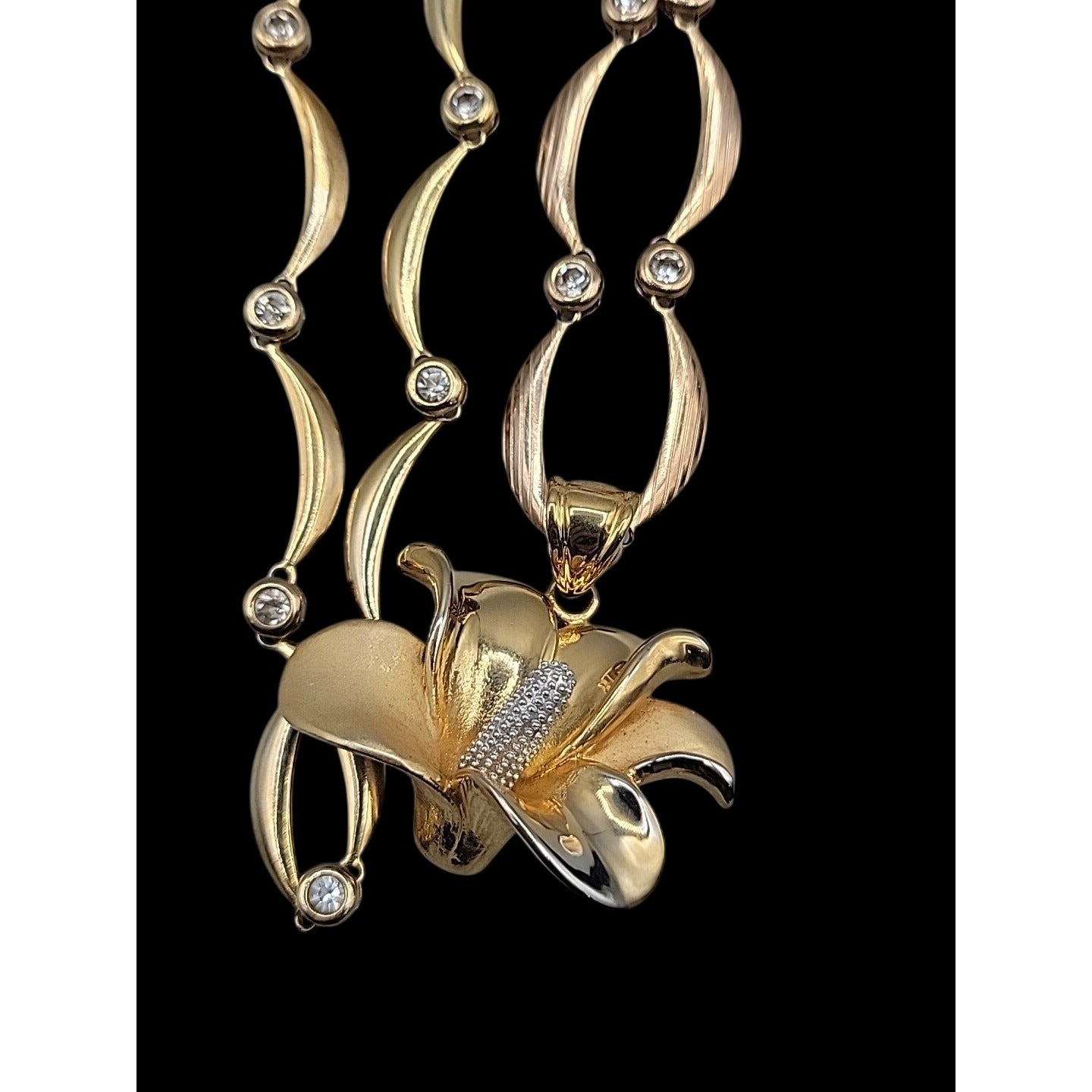 Calla Lilly Pendant Necklace OB SIGNED Gold Plated Rhinestones Two 19" Chains
