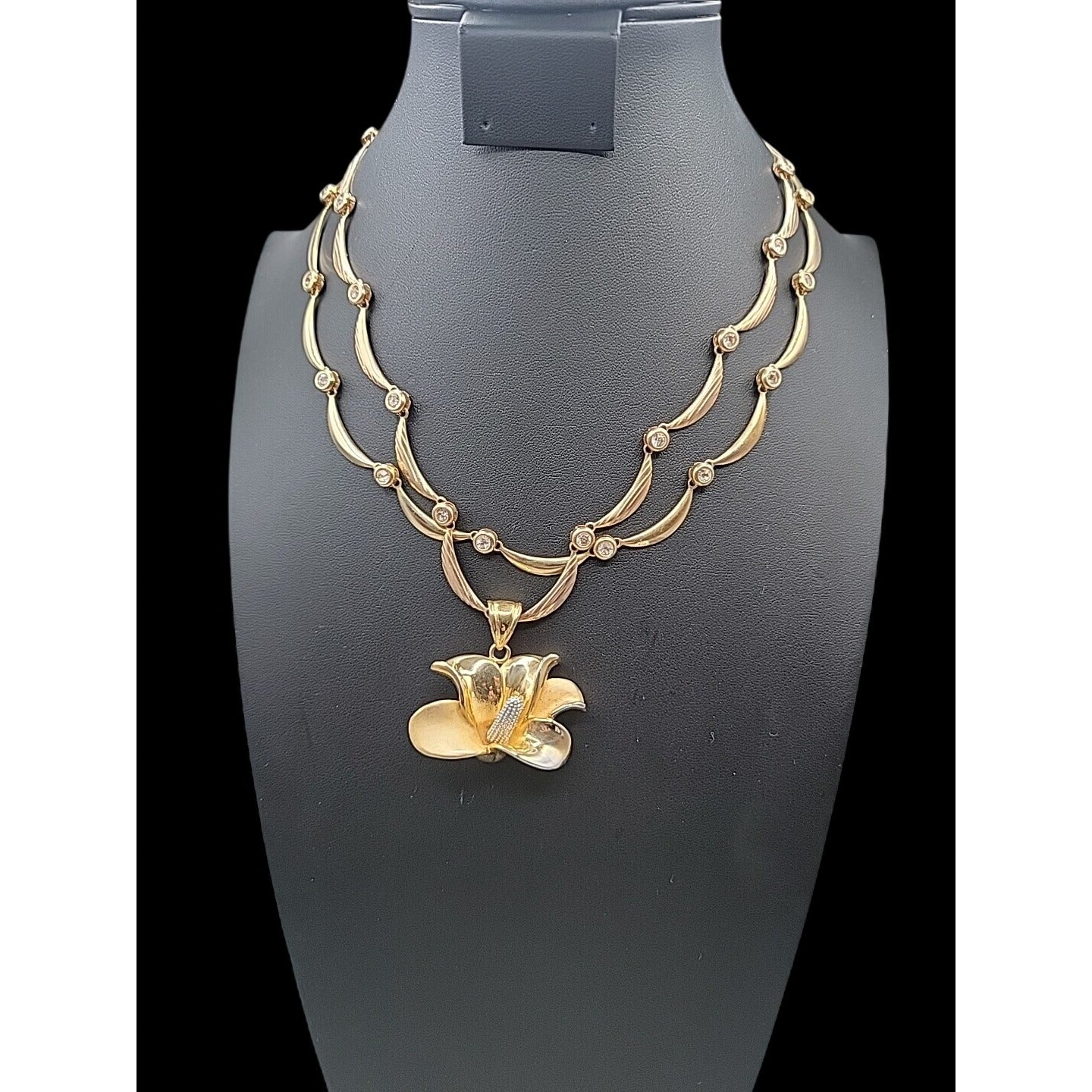 Calla Lilly Pendant Necklace OB SIGNED Gold Plated Rhinestones Two 19" Chains