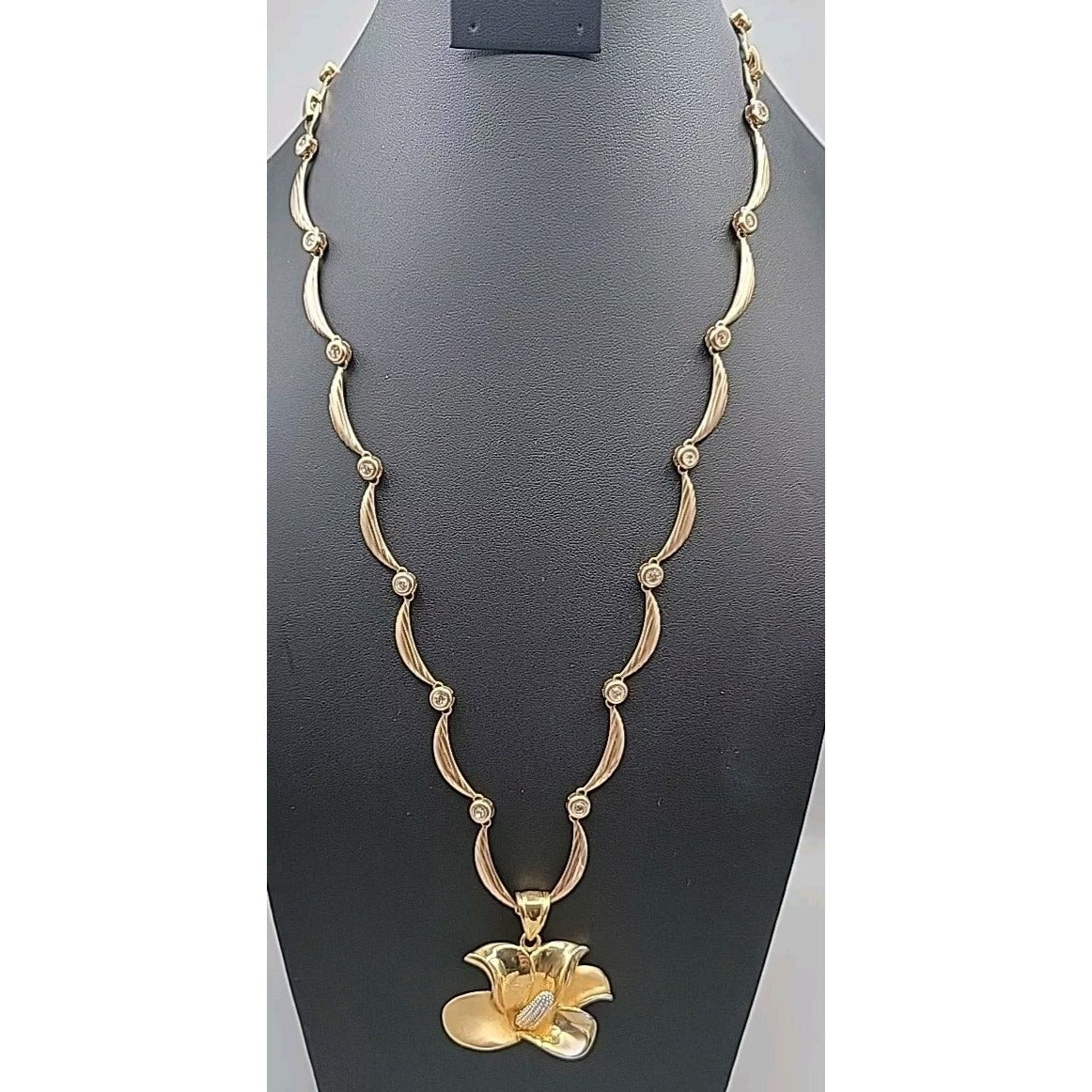 Calla Lilly Pendant Necklace OB SIGNED Gold Plated Rhinestones Two 19" Chains