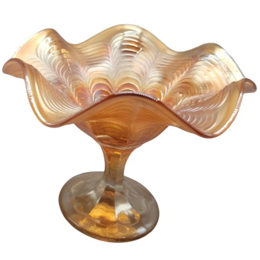 Antique Fenton Marigold Peacock Tail Carnival Art Glass Ruffled Footed Pedestal