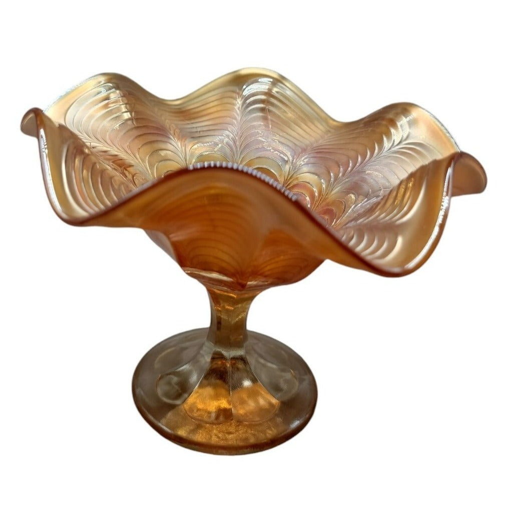 Antique Fenton Marigold Peacock Tail Carnival Art Glass Ruffled Footed Pedestal