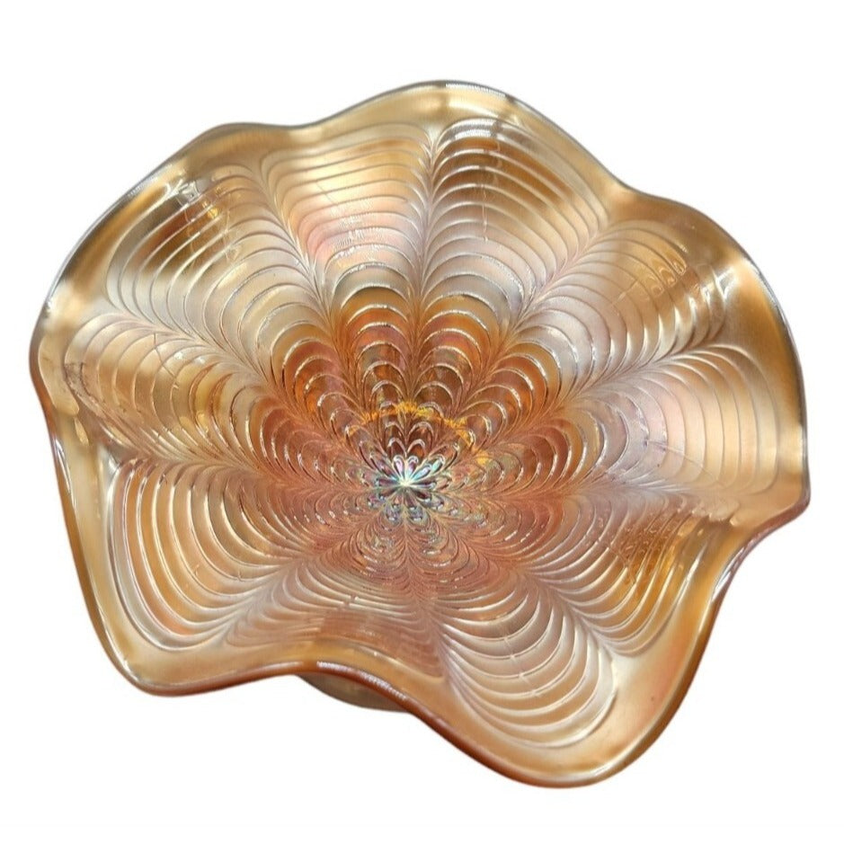 Antique Fenton Marigold Peacock Tail Carnival Art Glass Ruffled Footed Pedestal