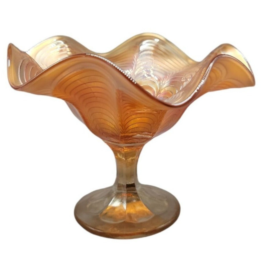 Antique Fenton Marigold Peacock Tail Carnival Art Glass Ruffled Footed Pedestal