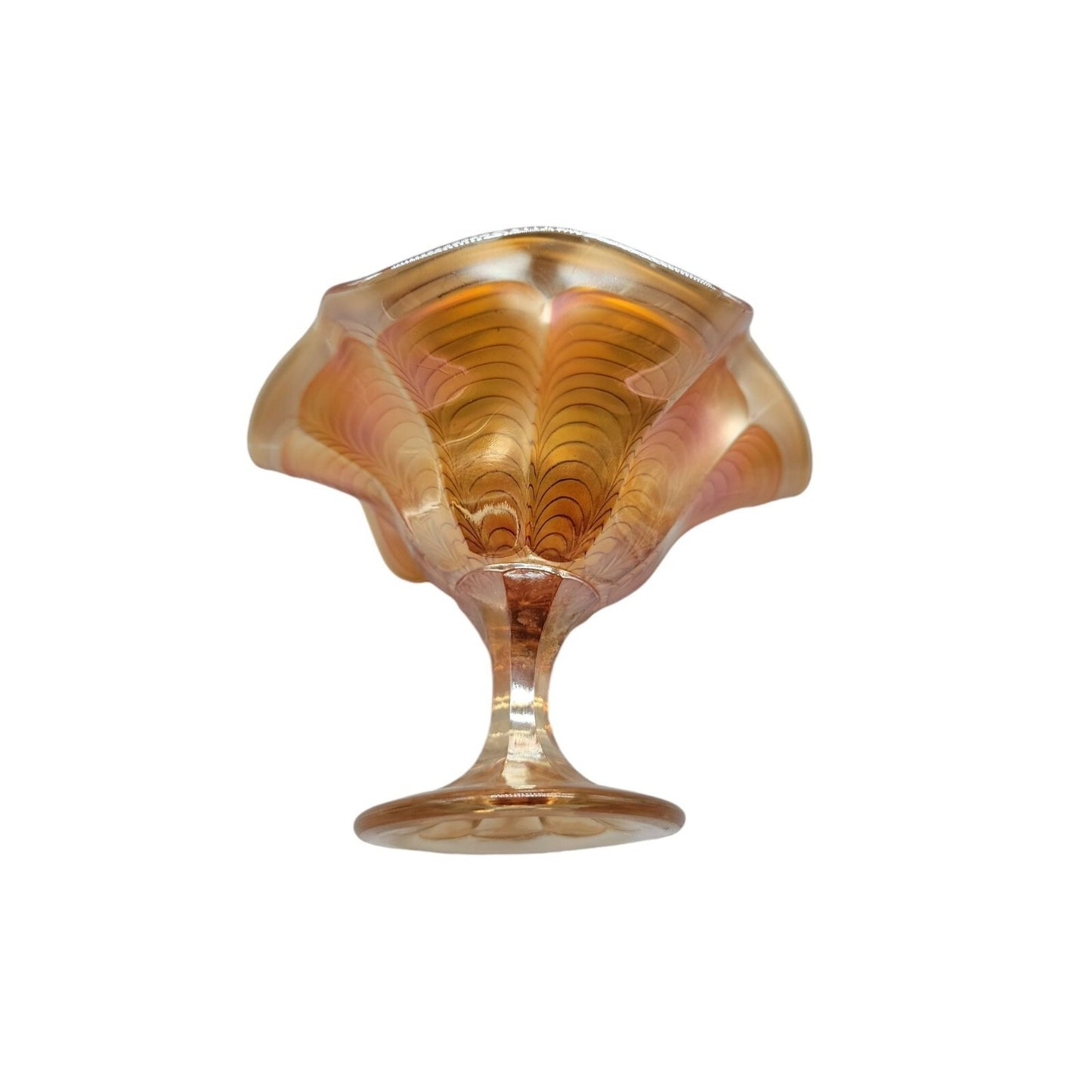 Antique Fenton Marigold Peacock Tail Carnival Art Glass Ruffled Footed Pedestal
