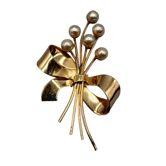 Vintage Sterling by Coro Bouquet Brooch Faux Pearl w/Bow Large Gilded 925 Pin