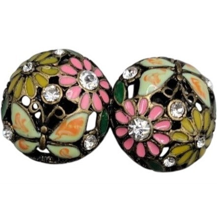Cloisonne Butterfly Flower Button Earrings Rhinestone Dome Post Pierced Ears