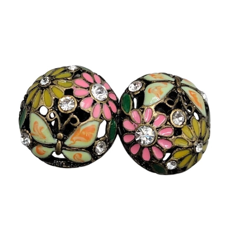 Cloisonne Butterfly Flower Button Earrings Rhinestone Dome Post Pierced Ears