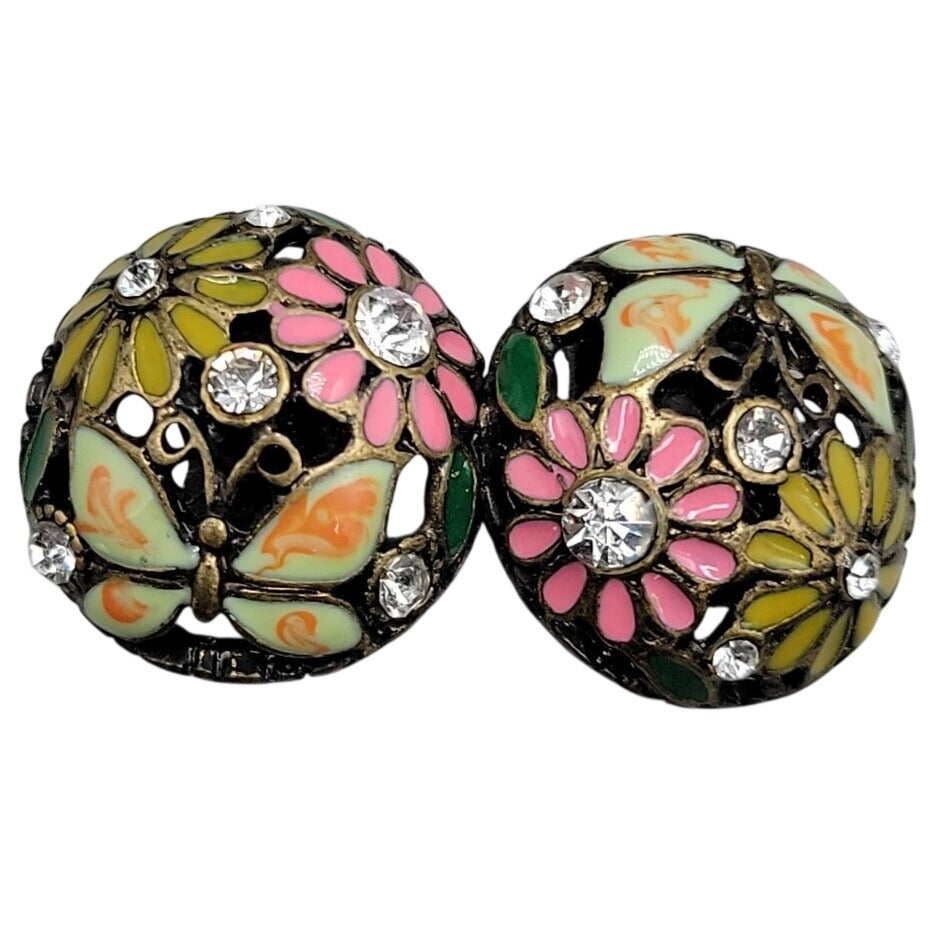 Cloisonne Butterfly Flower Button Earrings Rhinestone Dome Post Pierced Ears