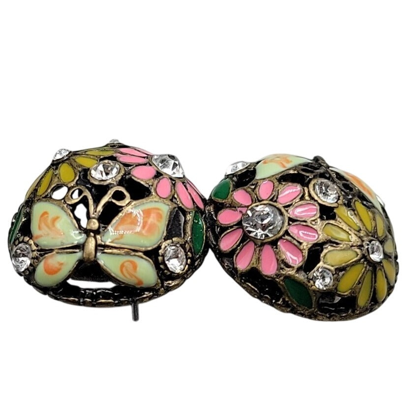 Cloisonne Butterfly Flower Button Earrings Rhinestone Dome Post Pierced Ears