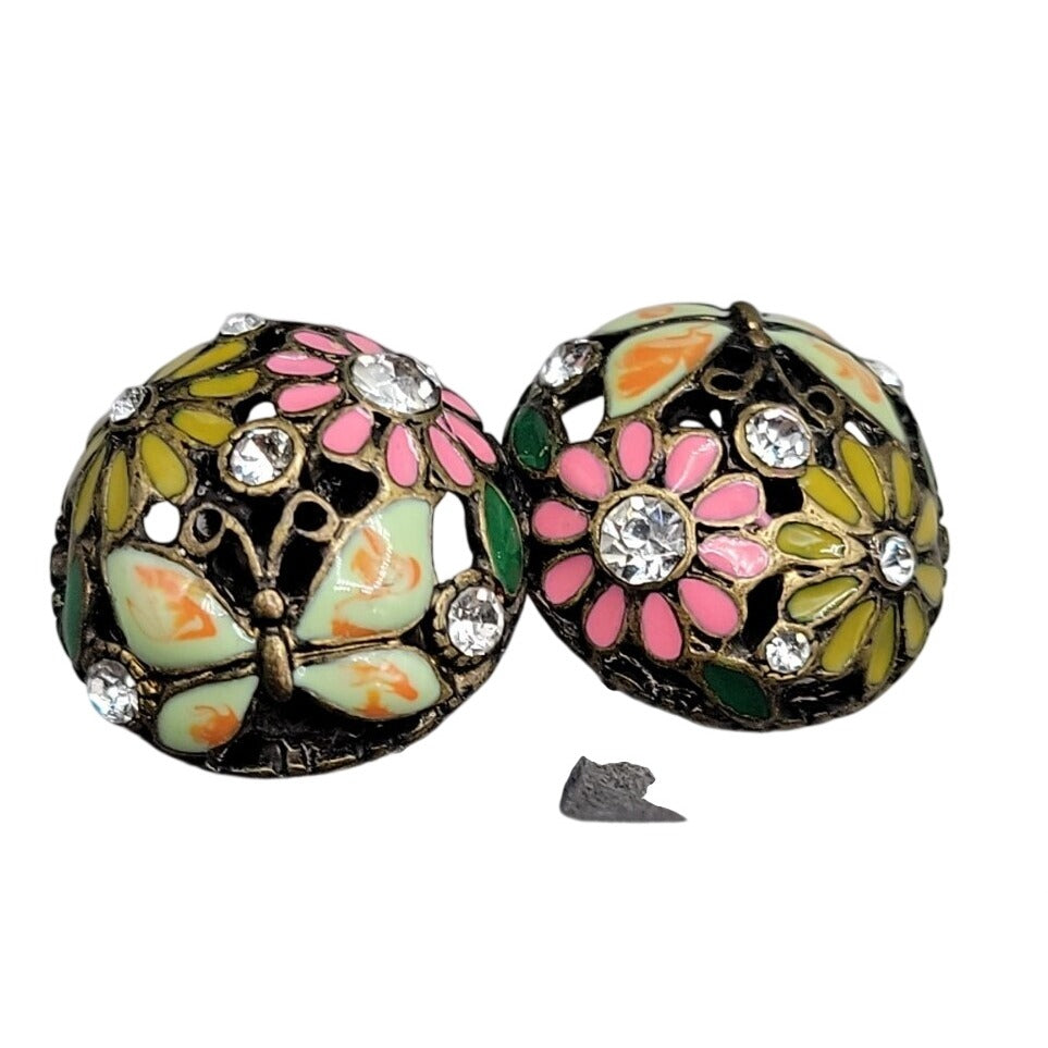 Cloisonne Butterfly Flower Button Earrings Rhinestone Dome Post Pierced Ears