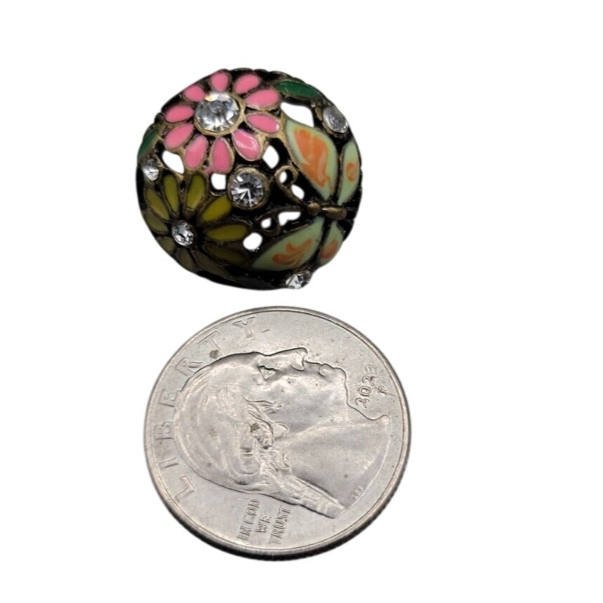Cloisonne Butterfly Flower Button Earrings Rhinestone Dome Post Pierced Ears