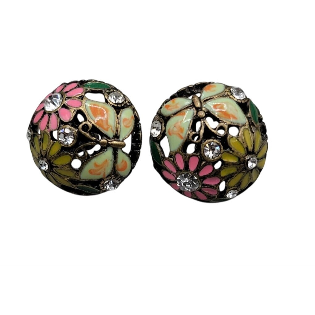 Cloisonne Butterfly Flower Button Earrings Rhinestone Dome Post Pierced Ears