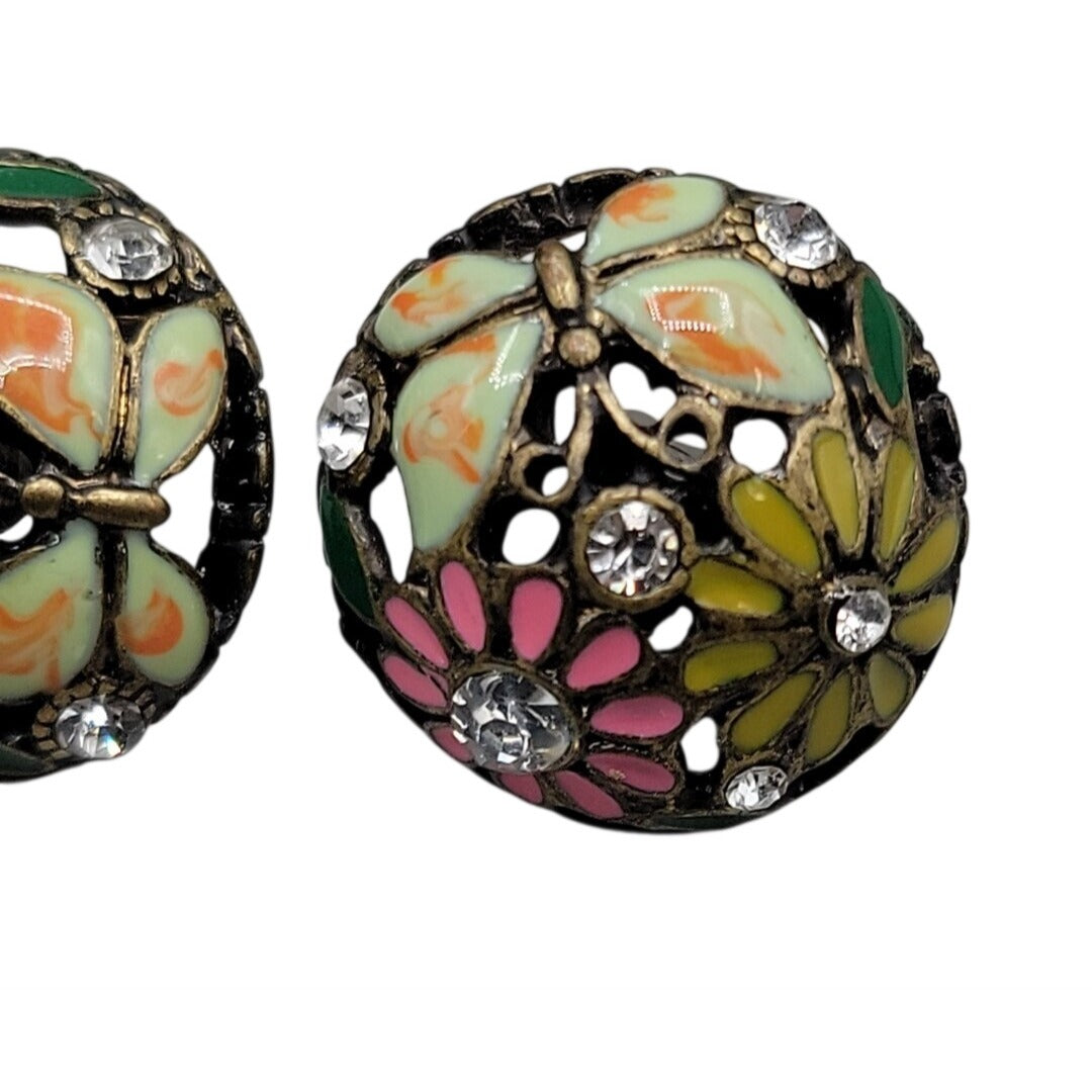 Cloisonne Butterfly Flower Button Earrings Rhinestone Dome Post Pierced Ears