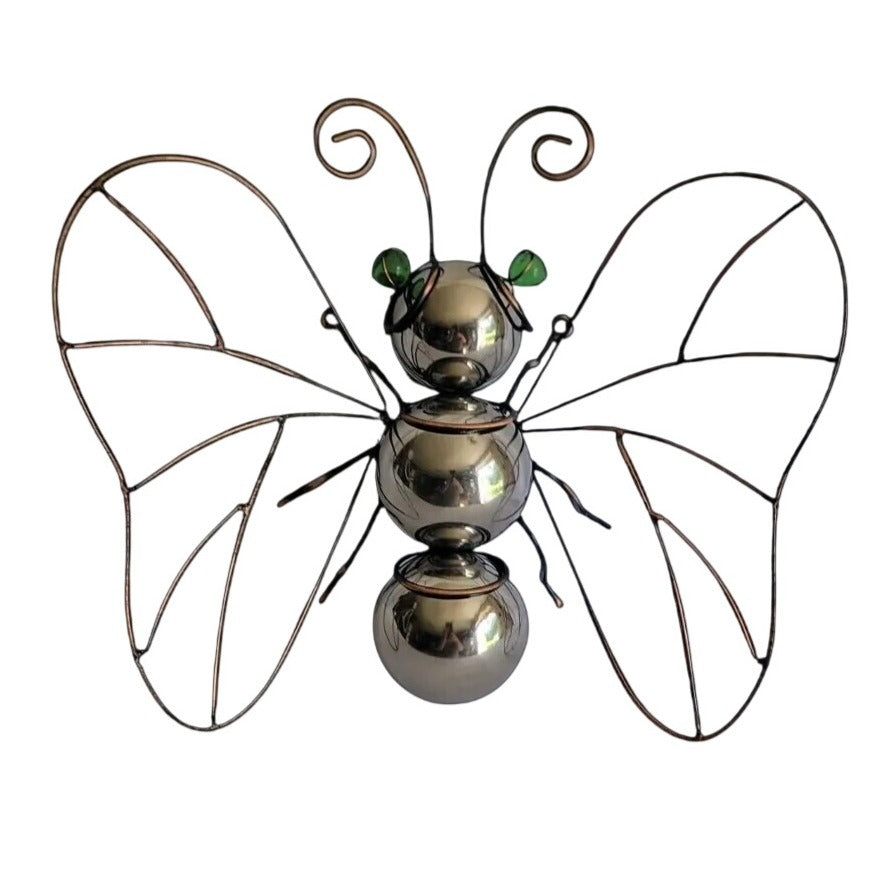 Butterfly Wall Decoration Large Wire For Home Silver Body Green Marble Eyes