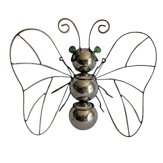 Butterfly Wall Decoration Large Wire For Home Silver Body Green Marble Eyes