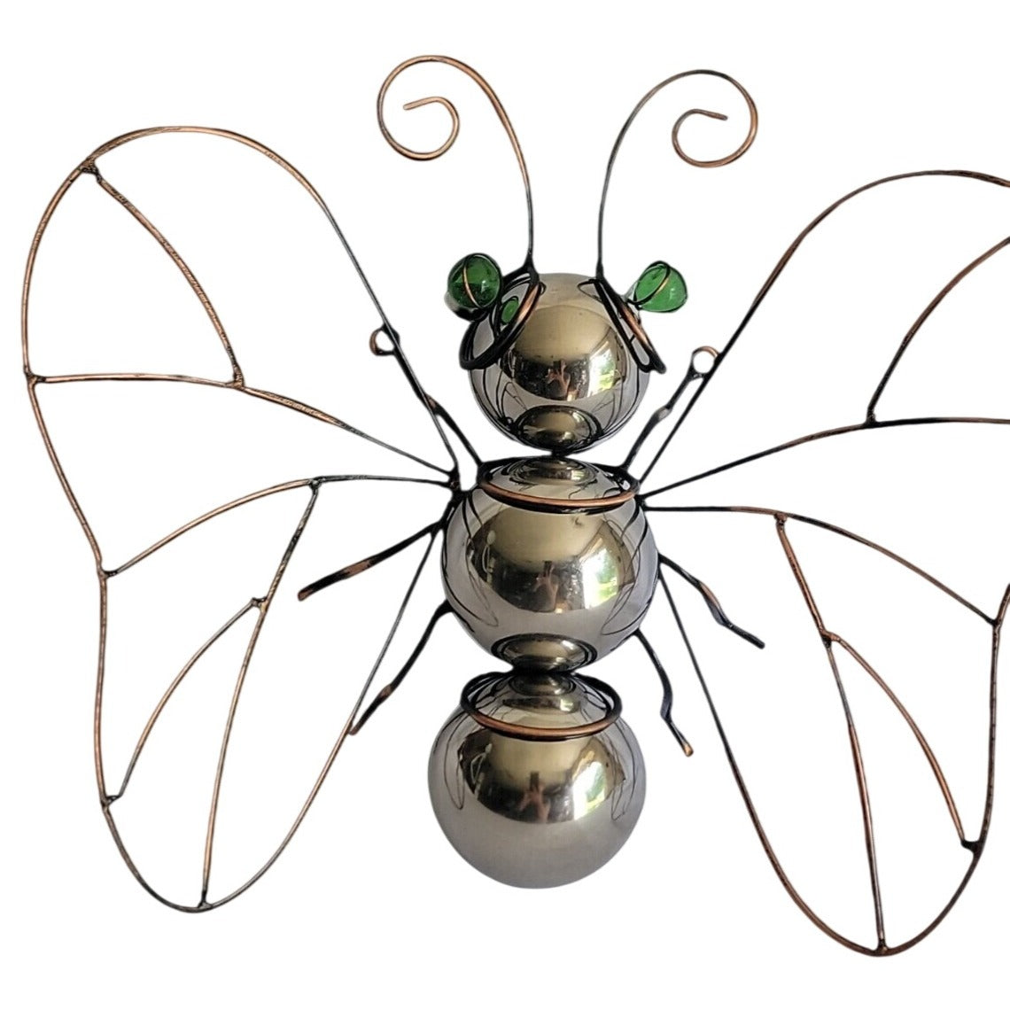 Butterfly Wall Decoration Large Wire For Home Silver Body Green Marble Eyes