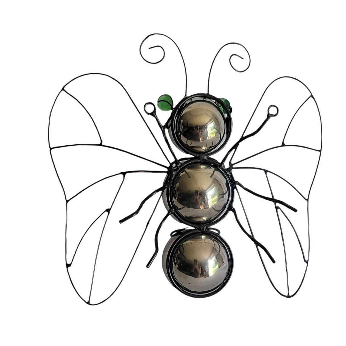 Butterfly Wall Decoration Large Wire For Home Silver Body Green Marble Eyes