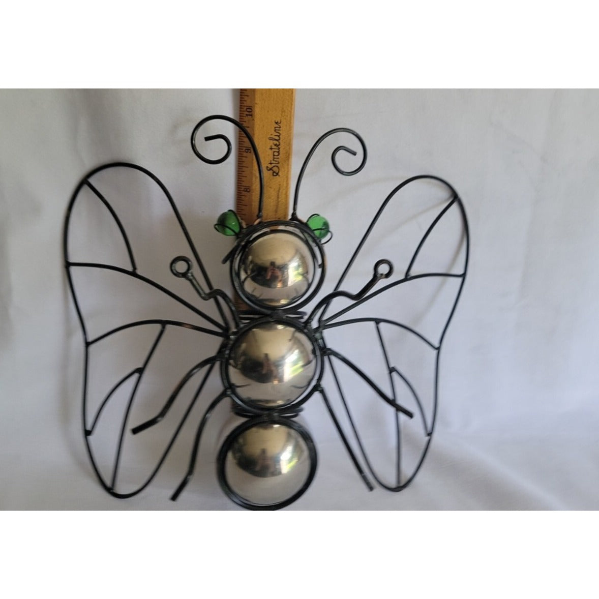 Butterfly Wall Decoration Large Wire For Home Silver Body Green Marble Eyes