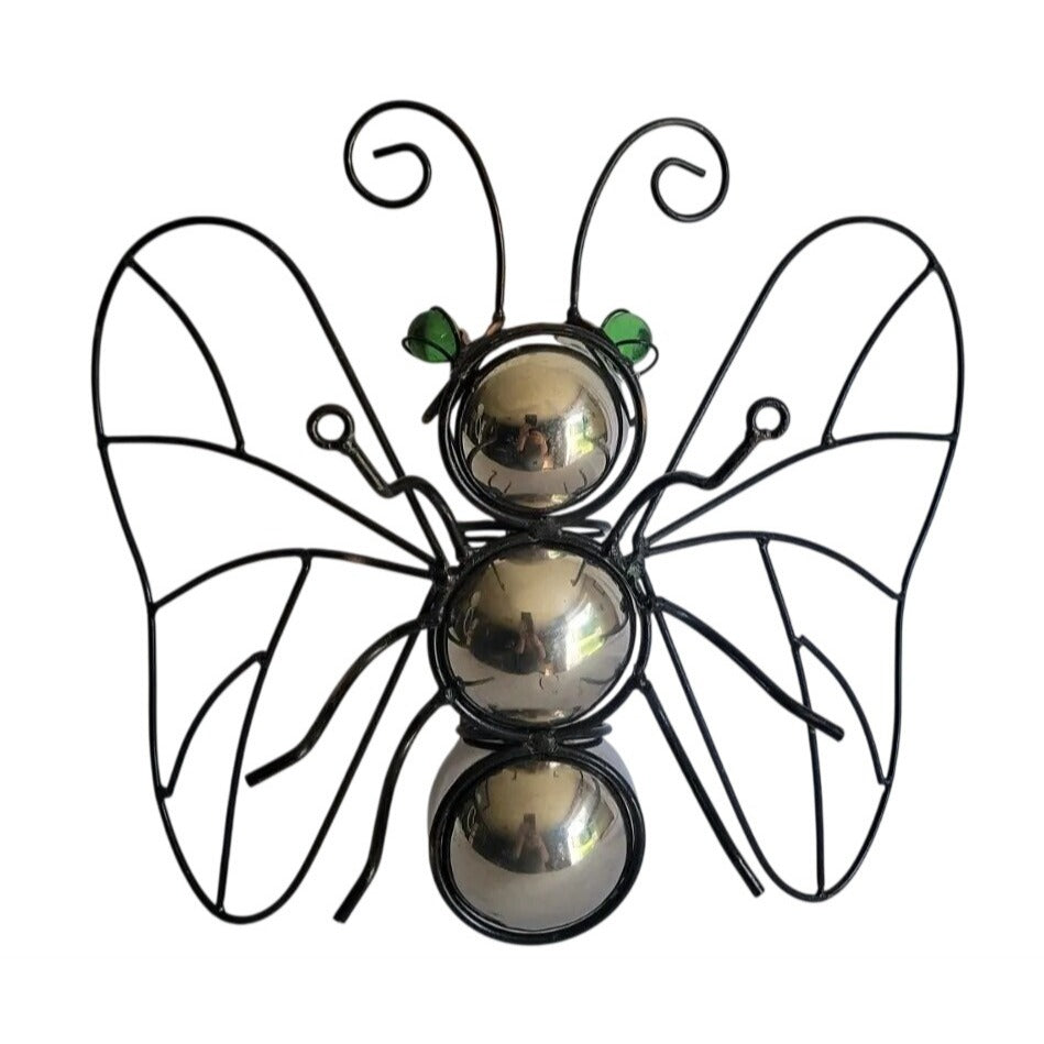 Butterfly Wall Decoration Large Wire For Home Silver Body Green Marble Eyes