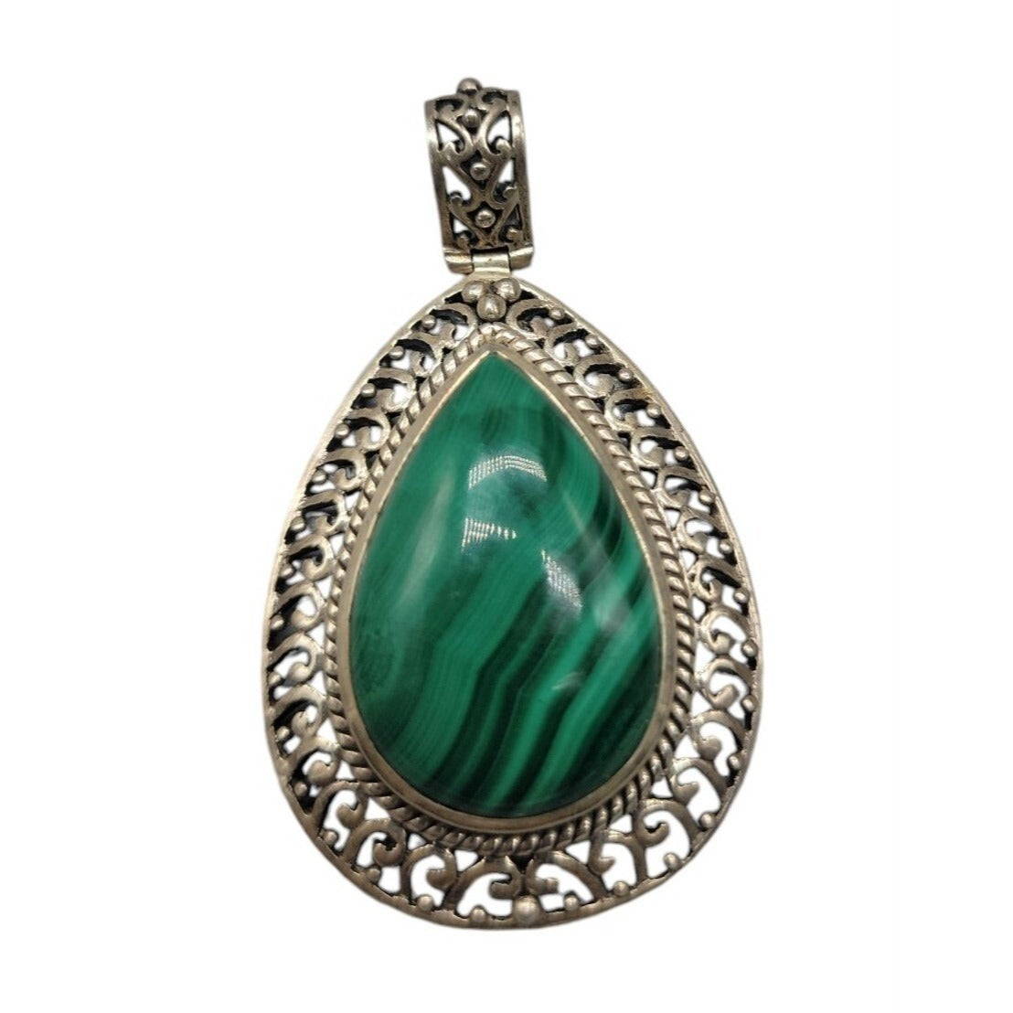 Doug Paulus Sterling Silver Malachite Pendant DP 925 India Teardrop Shaped