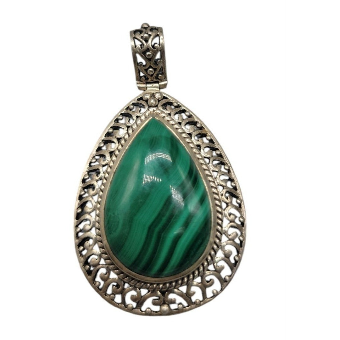 Doug Paulus Sterling Silver Malachite Pendant DP 925 India Teardrop Shaped