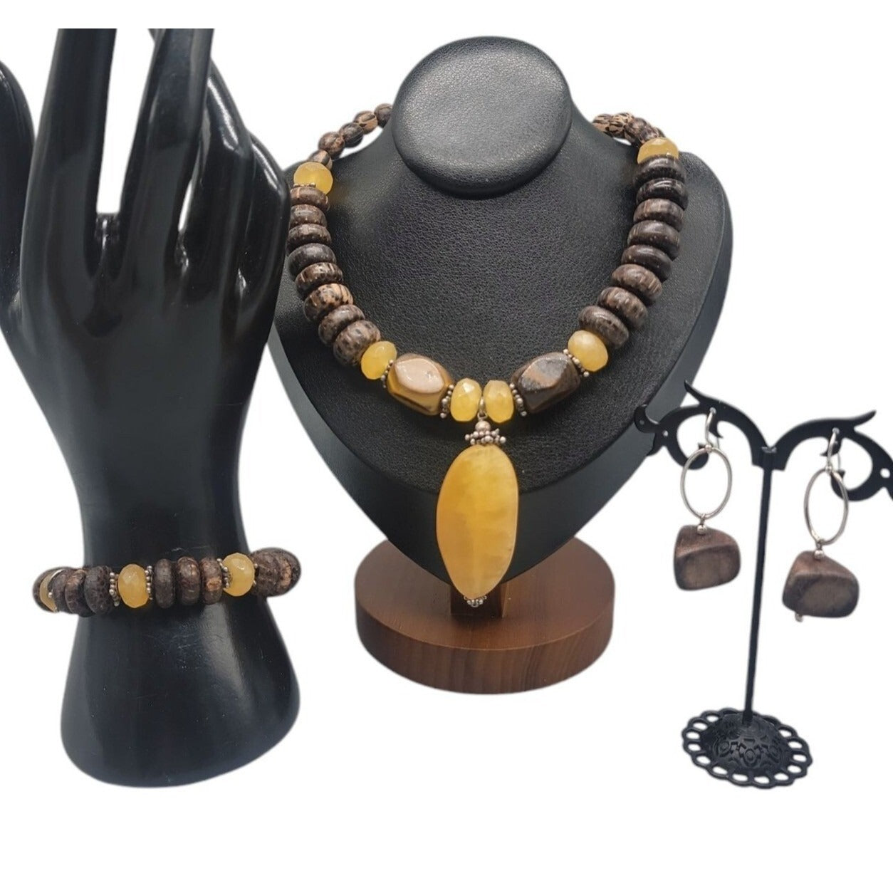 Silpada Honey Jade Tigers Eye Set N1361 925 & Wood Necklace Earrings Bracelet