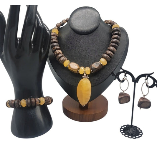 Silpada Honey Jade Tigers Eye Set N1361 925 & Wood Necklace Earrings Bracelet