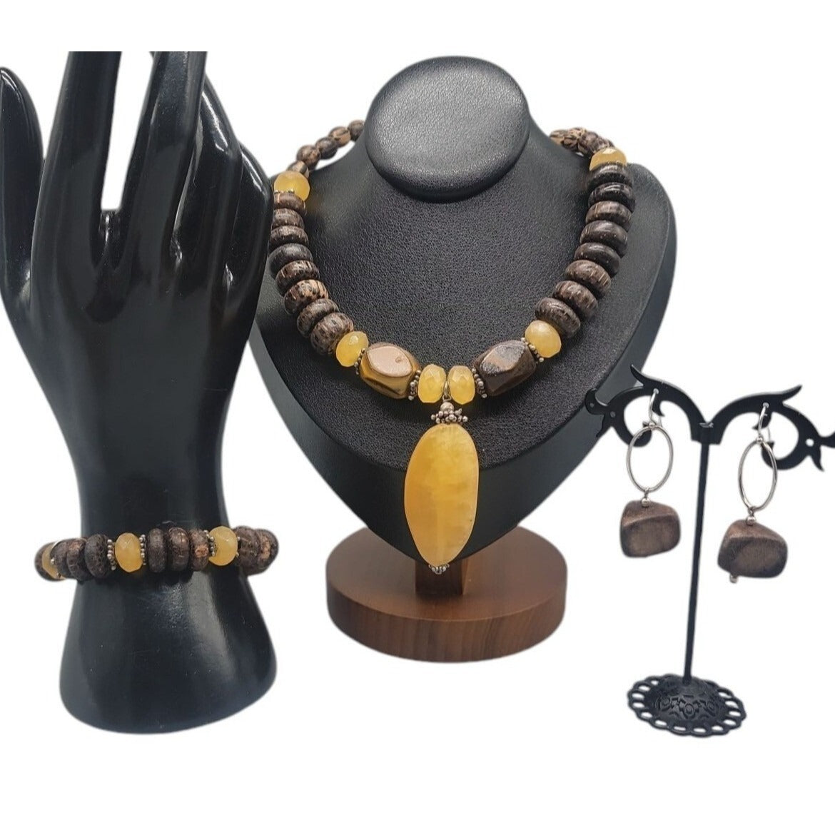 Silpada Honey Jade Tigers Eye Set N1361 925 & Wood Necklace Earrings Bracelet