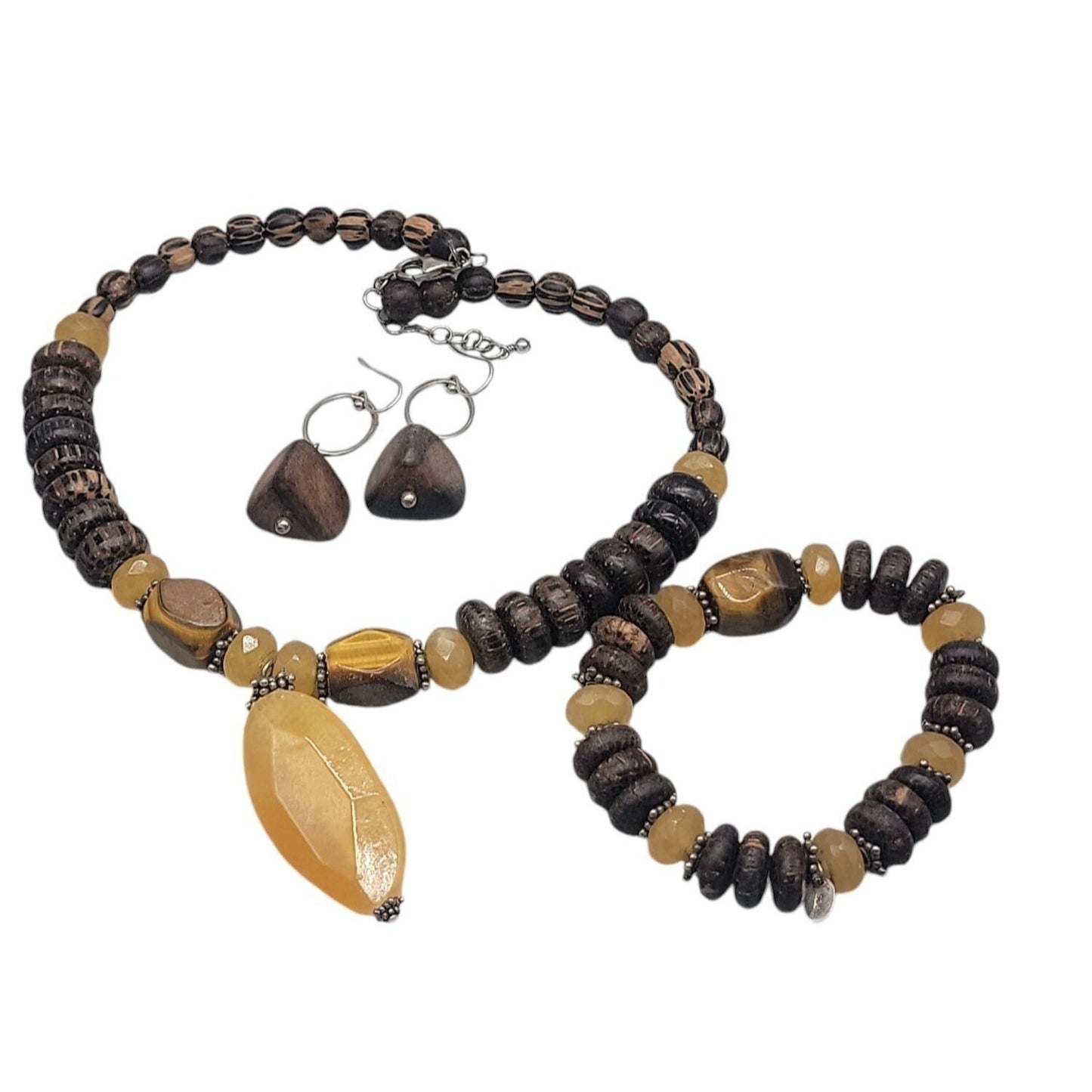 Silpada Honey Jade Tigers Eye Set N1361 925 & Wood Necklace Earrings Bracelet
