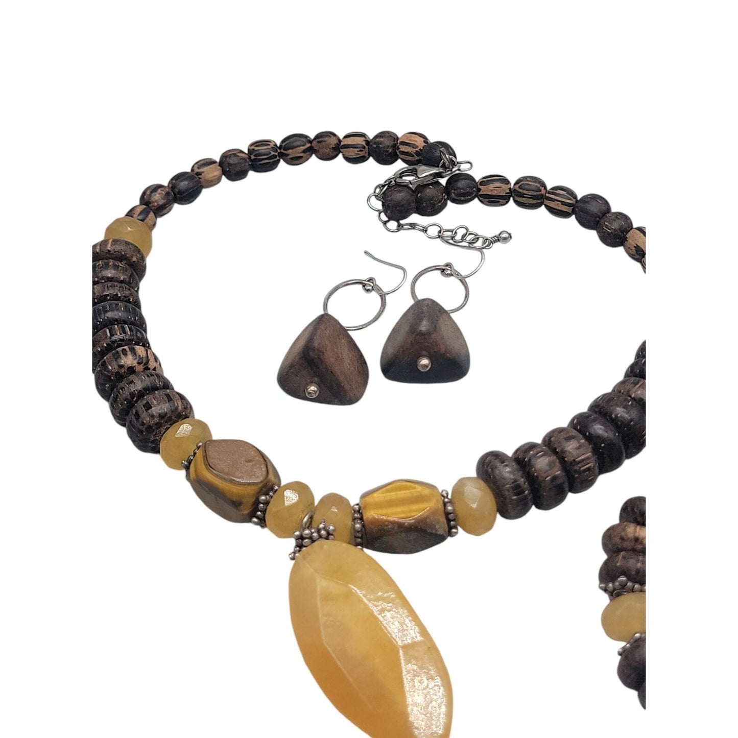 Silpada Honey Jade Tigers Eye Set N1361 925 & Wood Necklace Earrings Bracelet