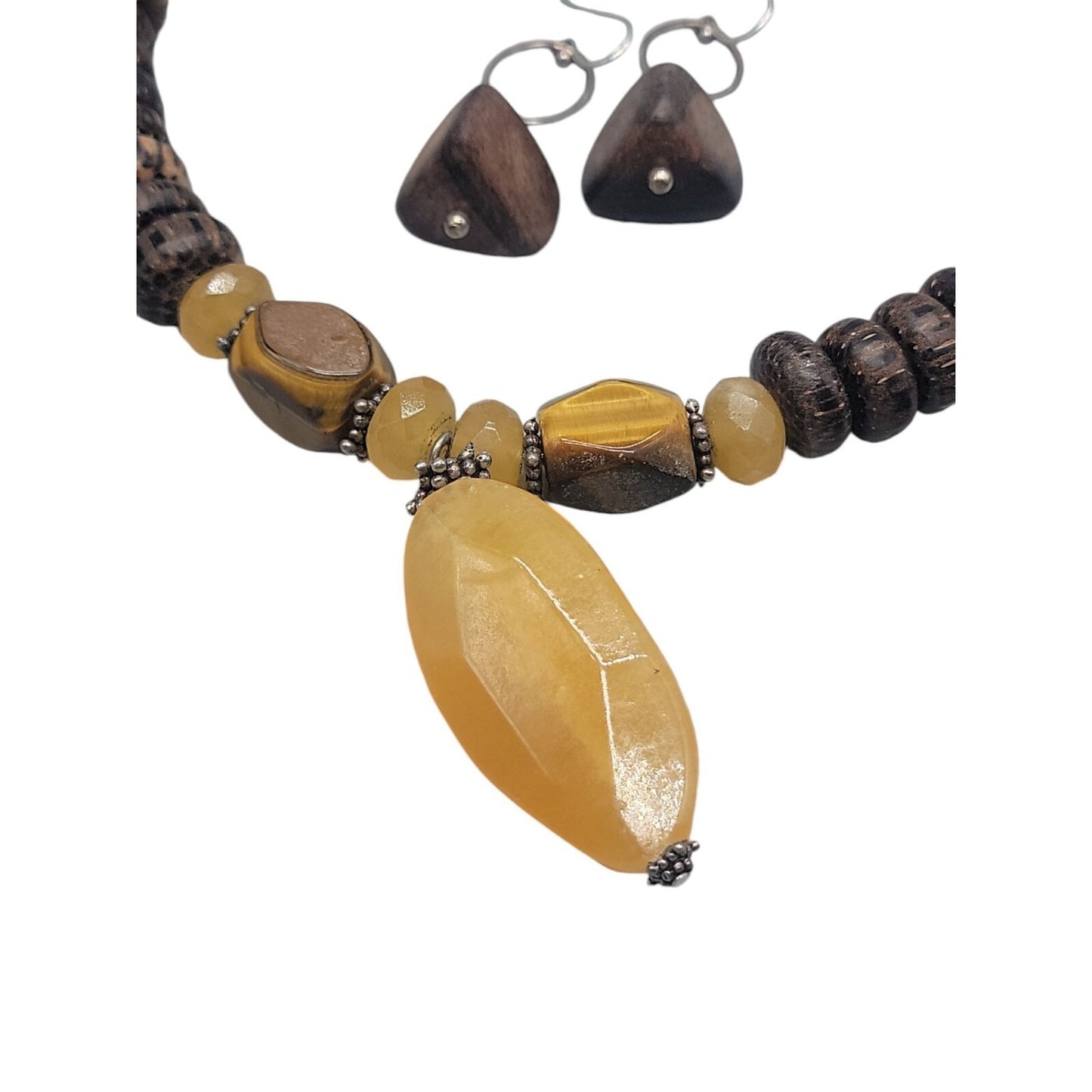 Silpada Honey Jade Tigers Eye Set N1361 925 & Wood Necklace Earrings Bracelet
