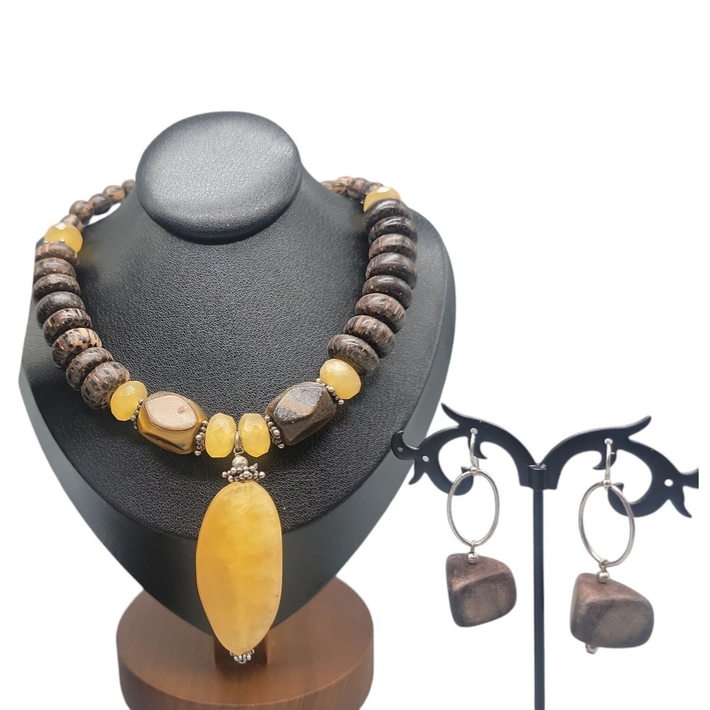 Silpada Honey Jade Tigers Eye Set N1361 925 & Wood Necklace Earrings Bracelet