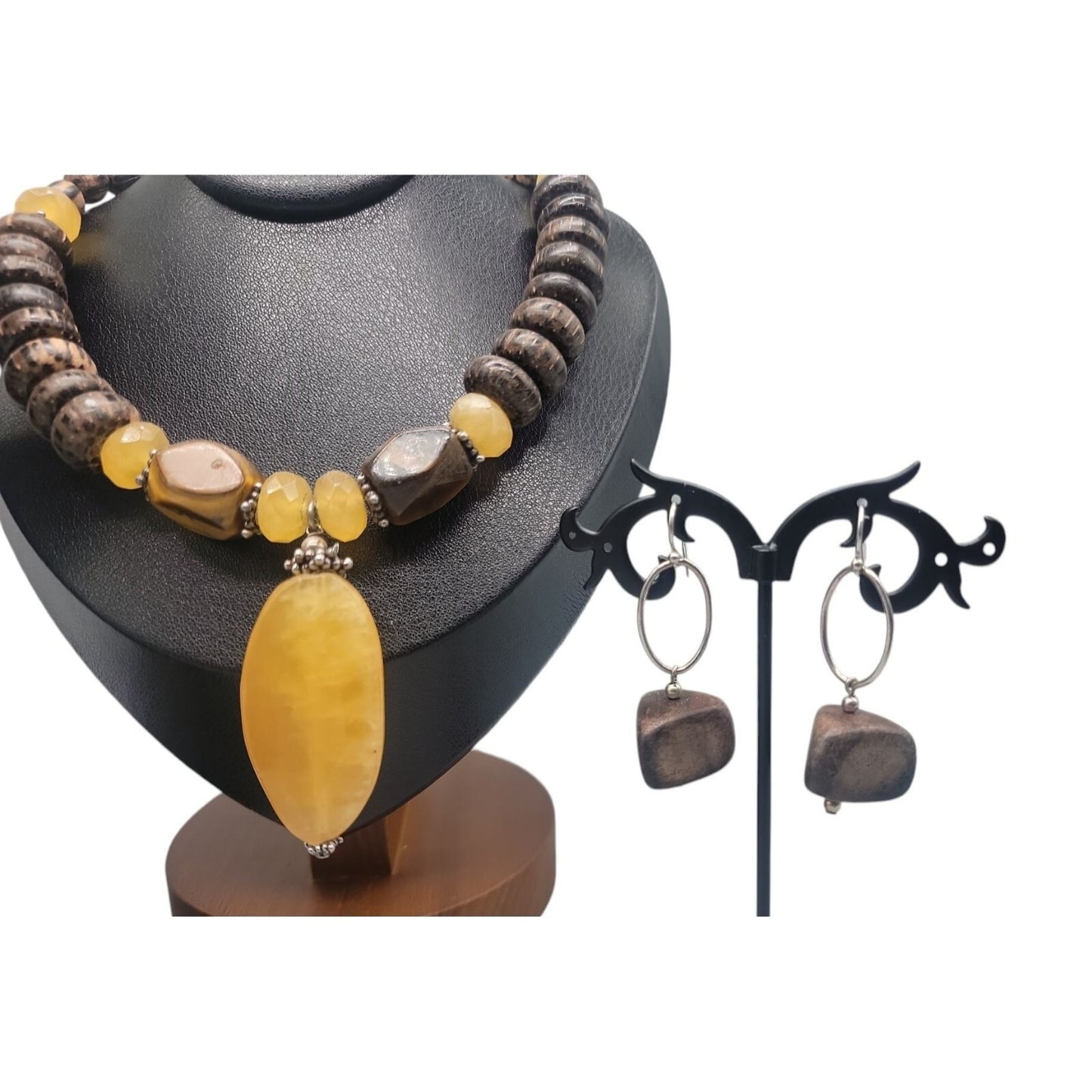 Silpada Honey Jade Tigers Eye Set N1361 925 & Wood Necklace Earrings Bracelet